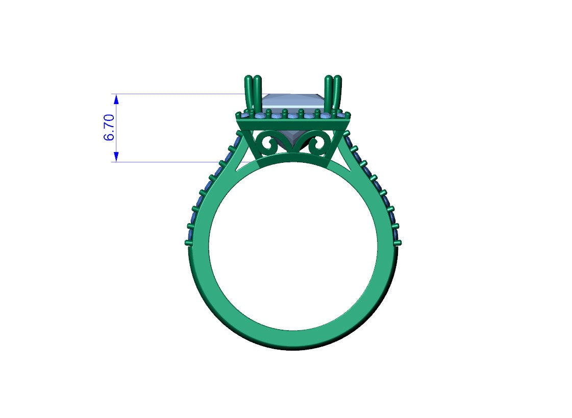 Engagement Ring Princess Cut Diamond Halo Pave CAD Design-JCNP-06 3D PRINT MODEL