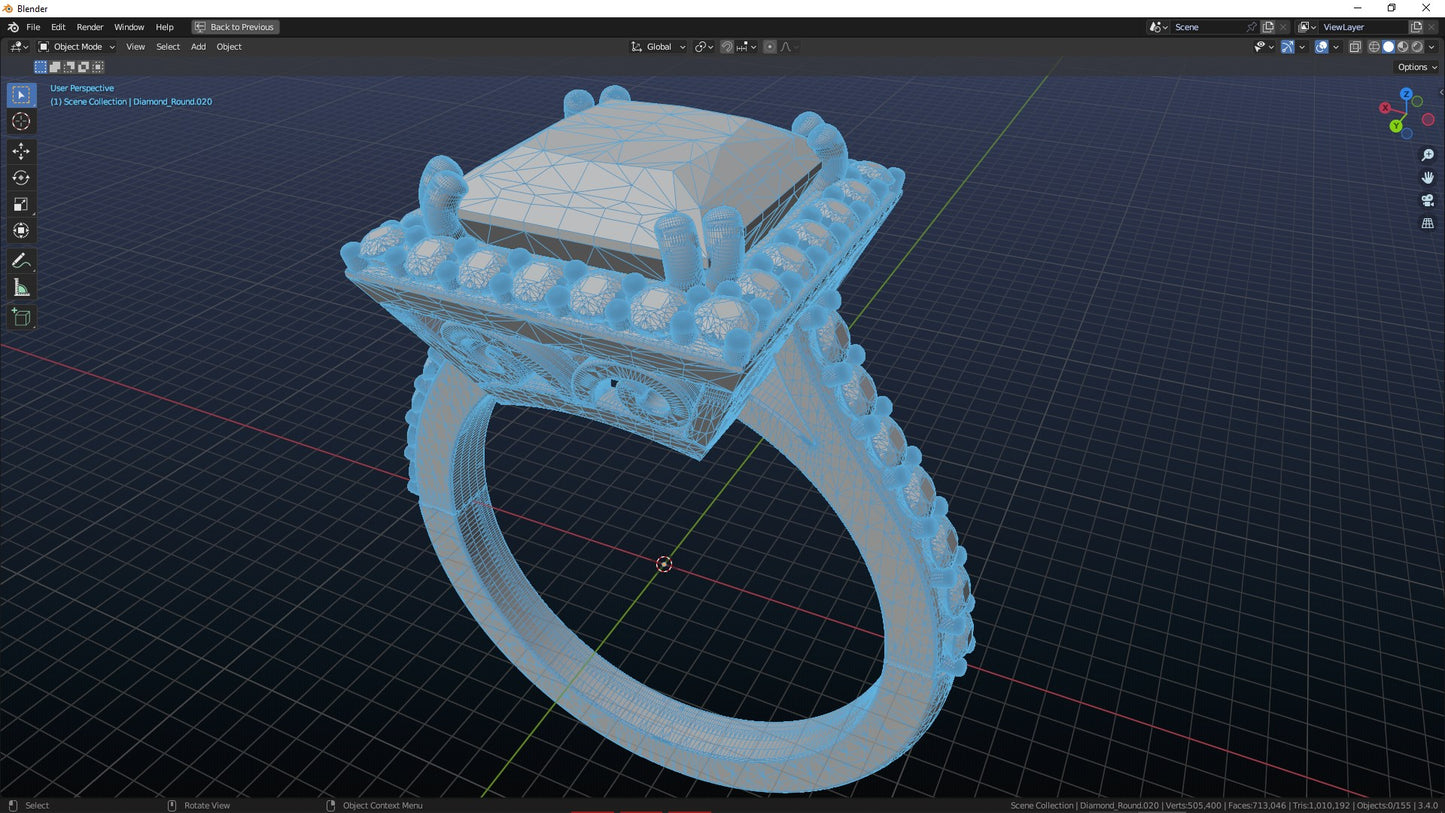 Engagement Ring Princess Cut Diamond Halo Pave CAD Design-JCNP-06 3D PRINT MODEL