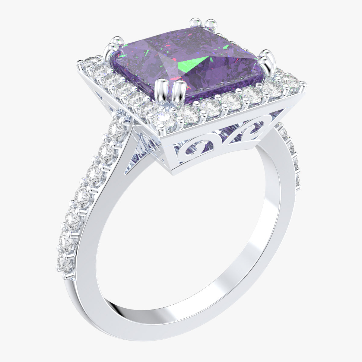 Engagement Ring Princess Cut Diamond Halo Pave CAD Design-JCNP-06 3D PRINT MODEL