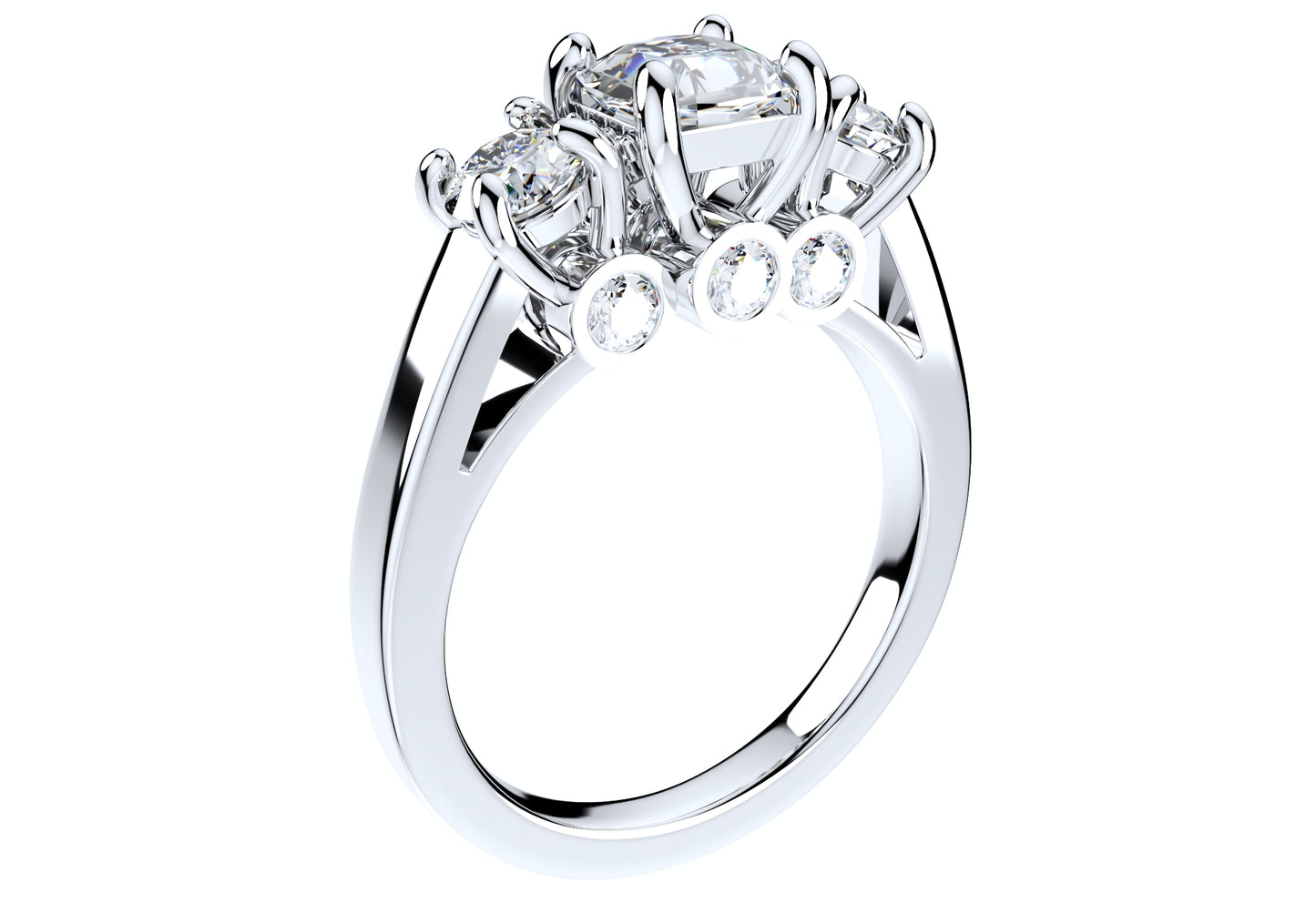 Cushion Side Round Diamonds Trilogy Ring Taper Shank-TCSRD-TP 3D Printed