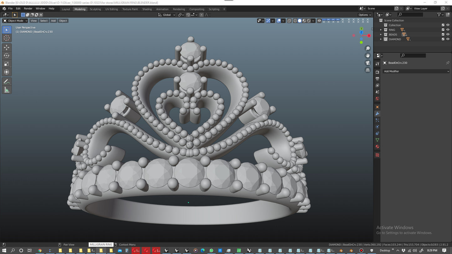 Crown Beads Ring Women Ring Fine Jewelry 3D CAD Design-O1A001M