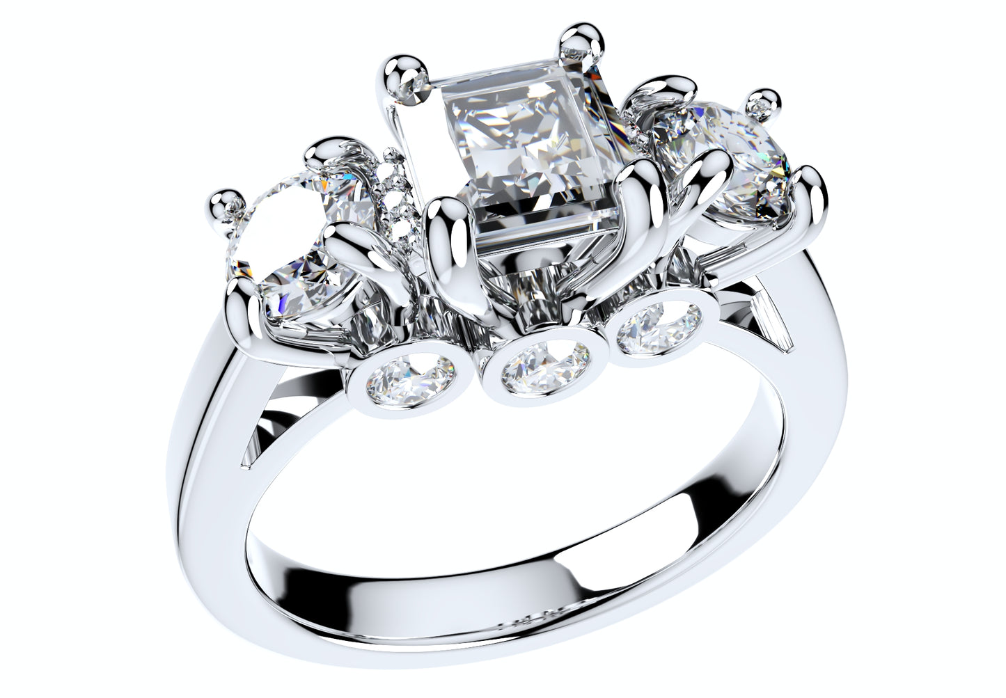 Princess Side Round Diamonds Trilogy Ring Italian Shank-TPSRD-IT 3D Print Model