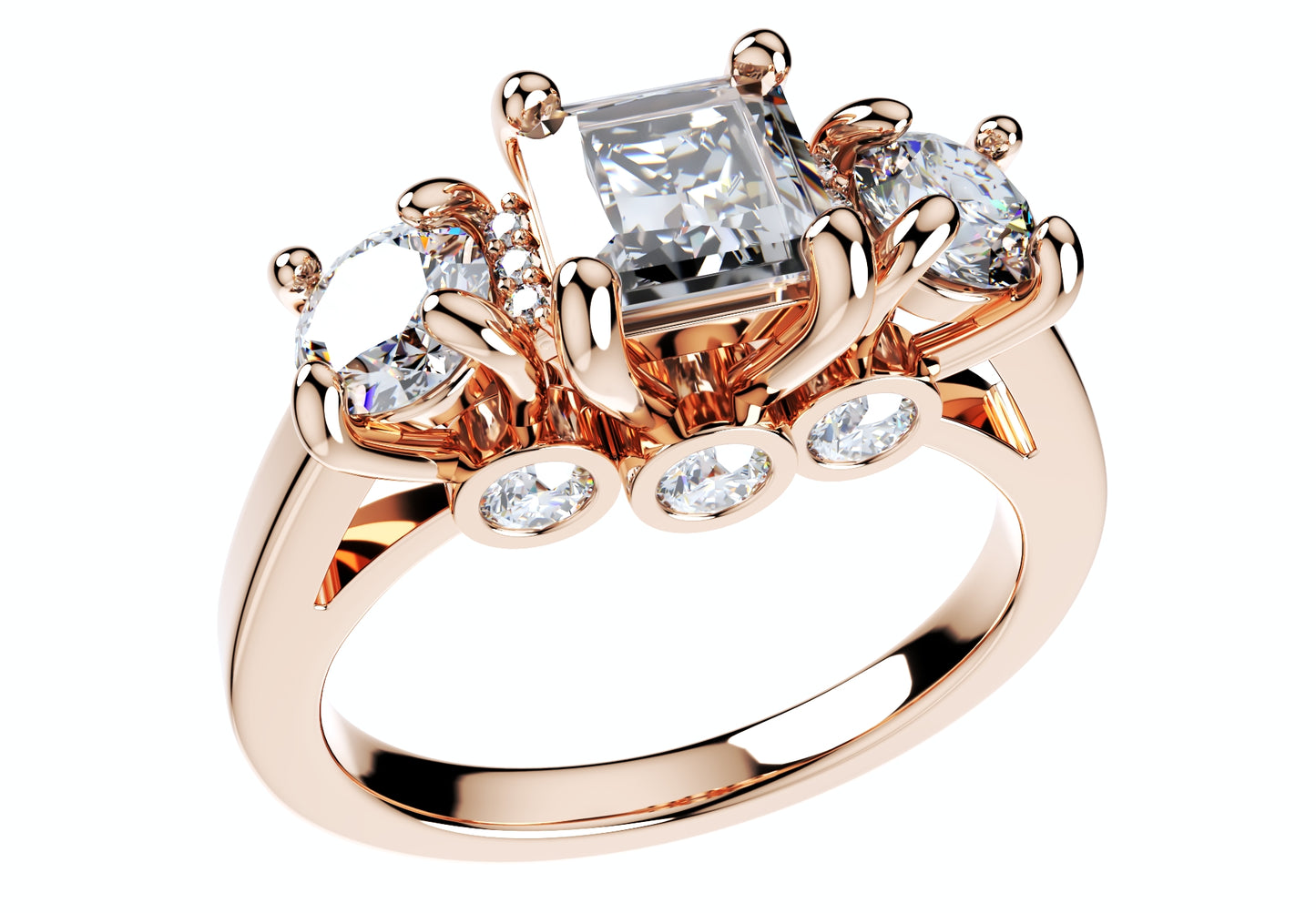 Princess Side Round Diamonds Trilogy Ring Straight Shank-TPSRD-ST 3D Print Model