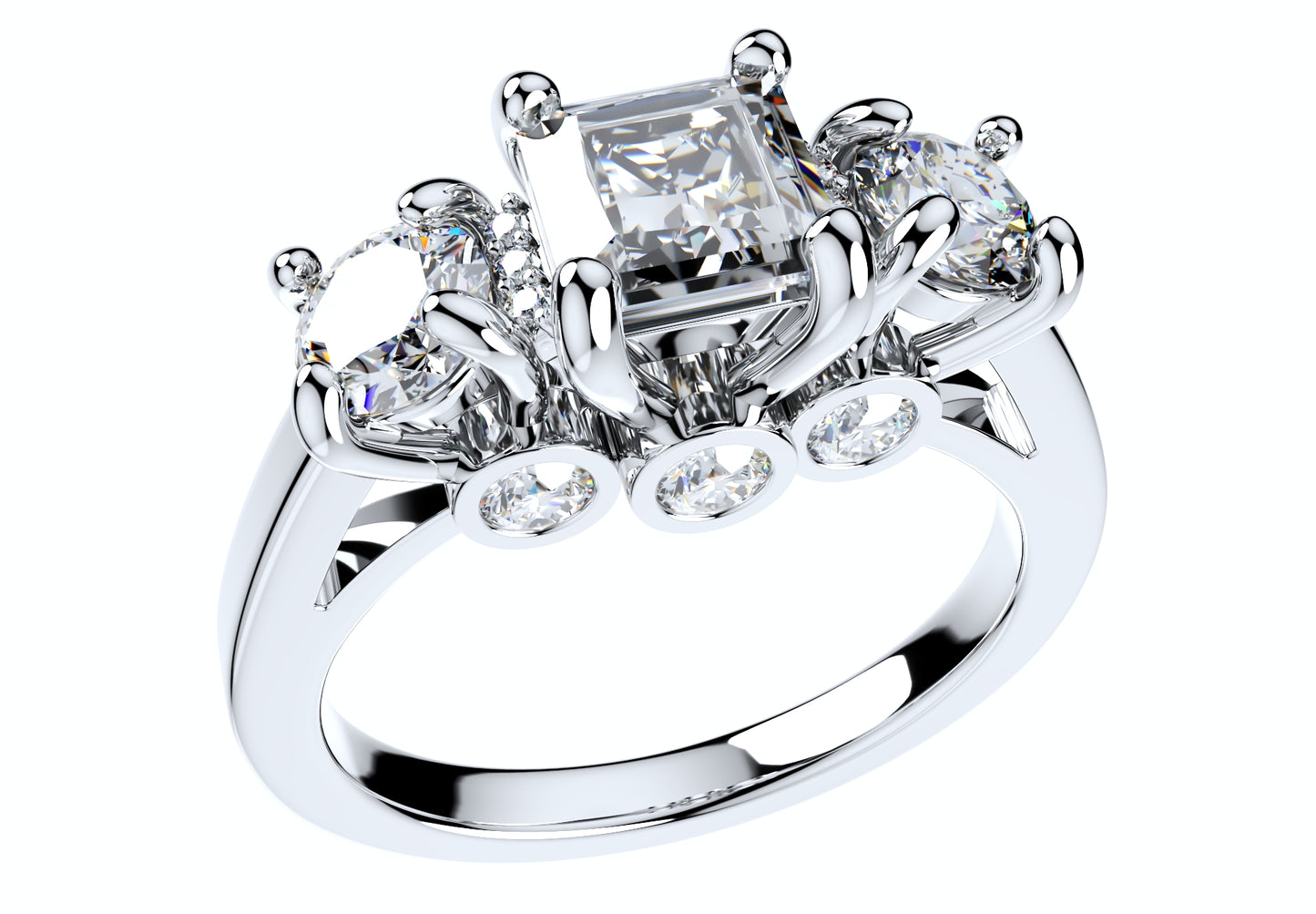 Princess Side Round Diamonds Trilogy Ring Straight Shank-TPSRD-ST 3D Print Model