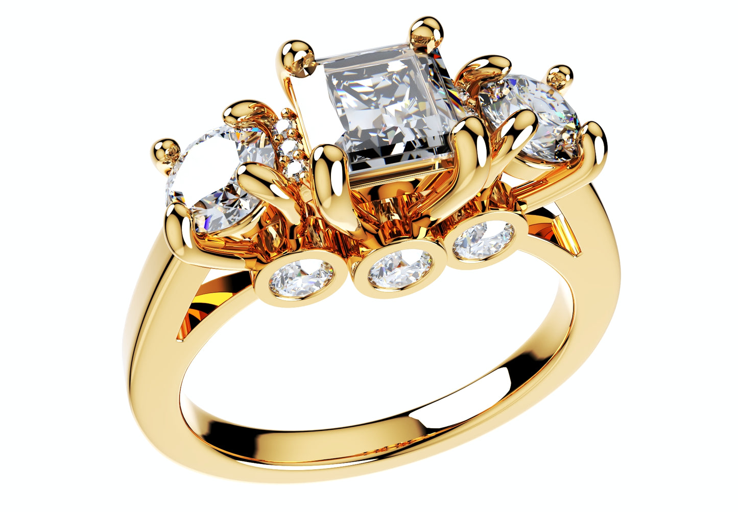 Princess Side Round Diamonds Trilogy Ring Straight Shank-TPSRD-ST 3D Print Model