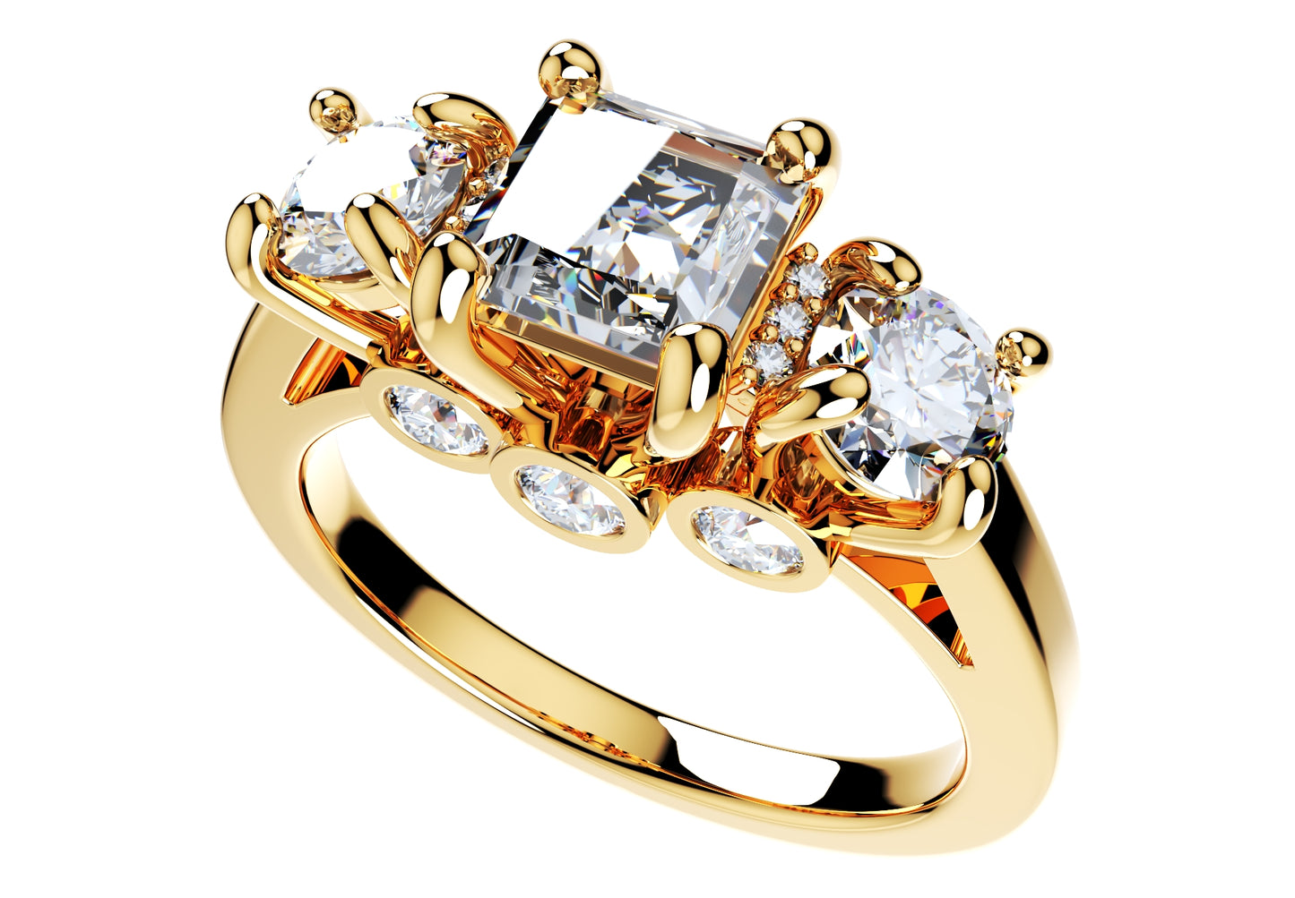 Princess Side Round Diamonds Trilogy Ring Straight Shank-TPSRD-ST 3D Print Model