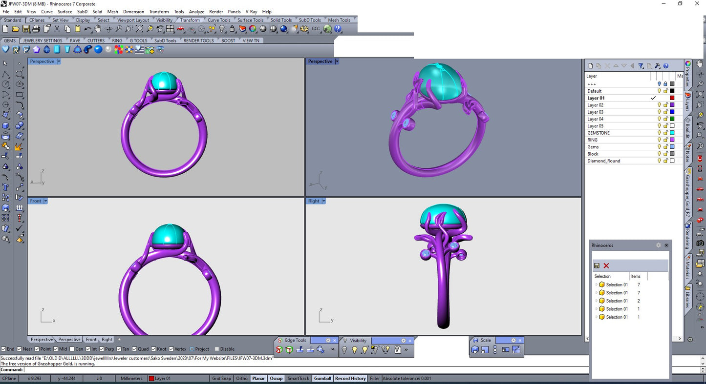 Jewelry Flower Women Ring Oval Cabochon Gemstone 3D CAD Design-JFW07
