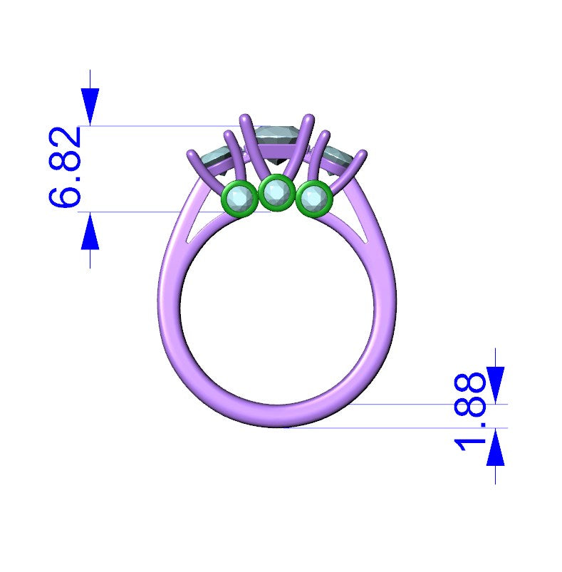 Cushion Side Round Diamonds Trilogy Ring Italian Shank-TCSRD-IT 3D Print Model