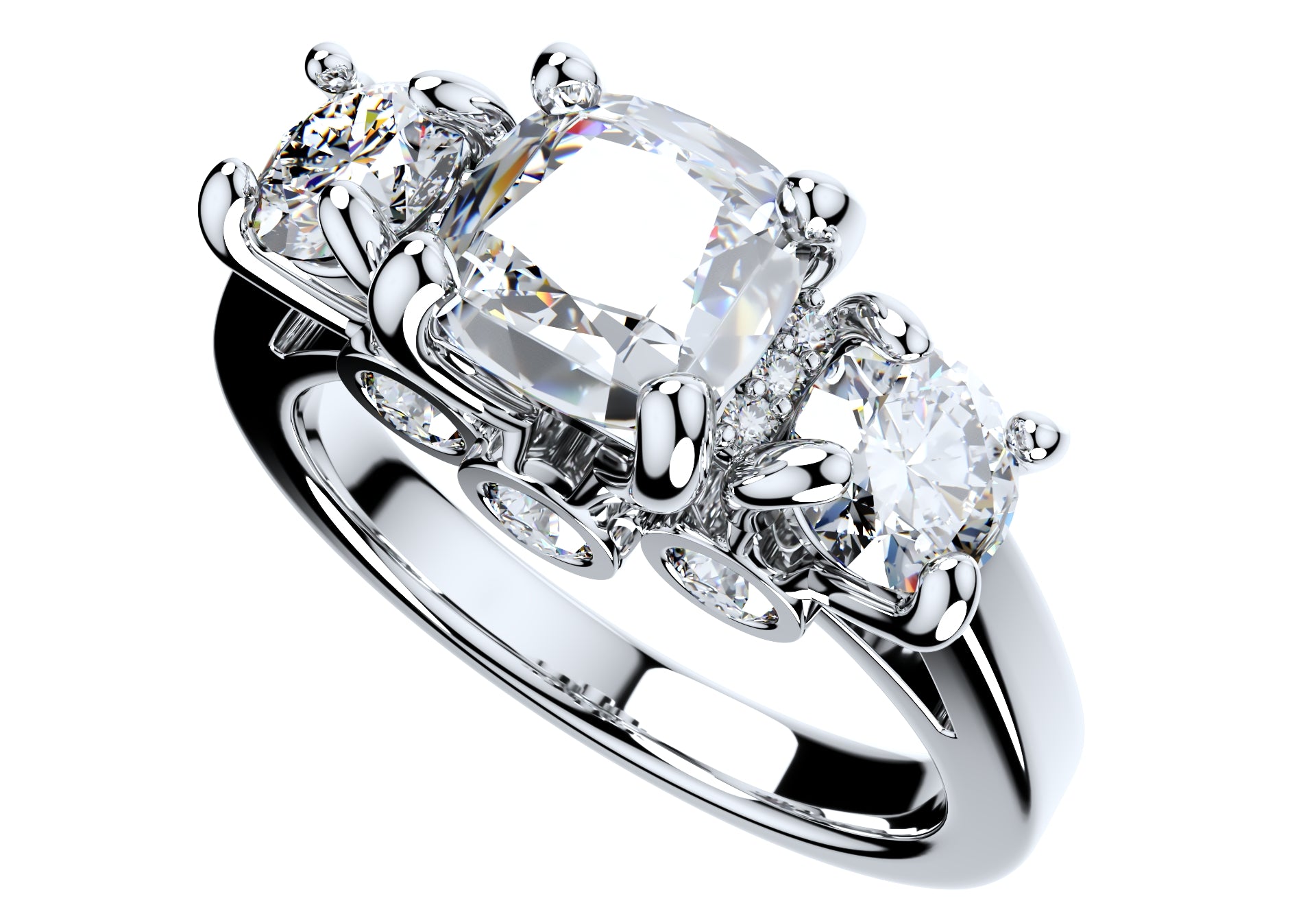 Cushion Side Round Diamonds Trilogy Ring Italian Shank-TCSRD-IT 3D Print Model