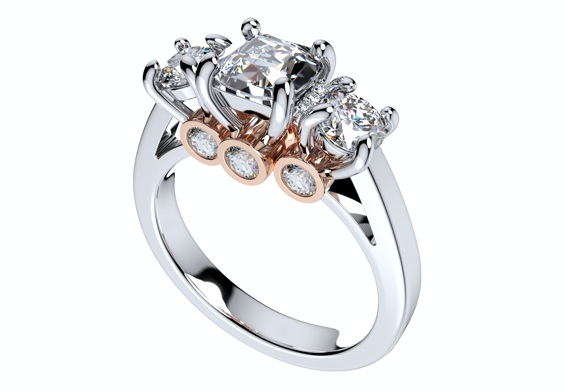 Cushion Side Round Diamonds Trilogy Ring Italian Shank-TCSRD-IT 3D Print Model