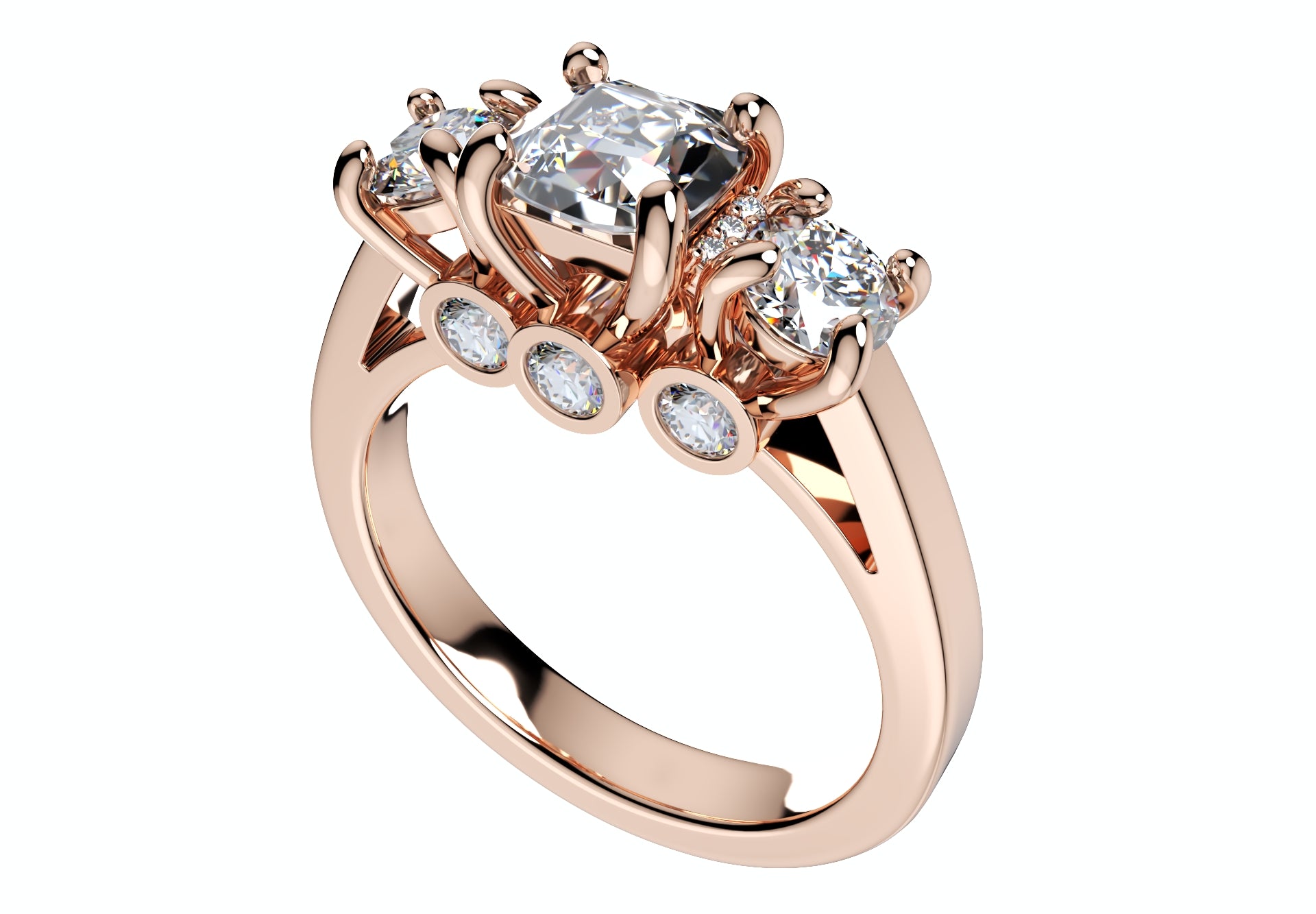 Cushion Side Round Diamonds Trilogy Ring Italian Shank-TCSRD-IT 3D Print Model