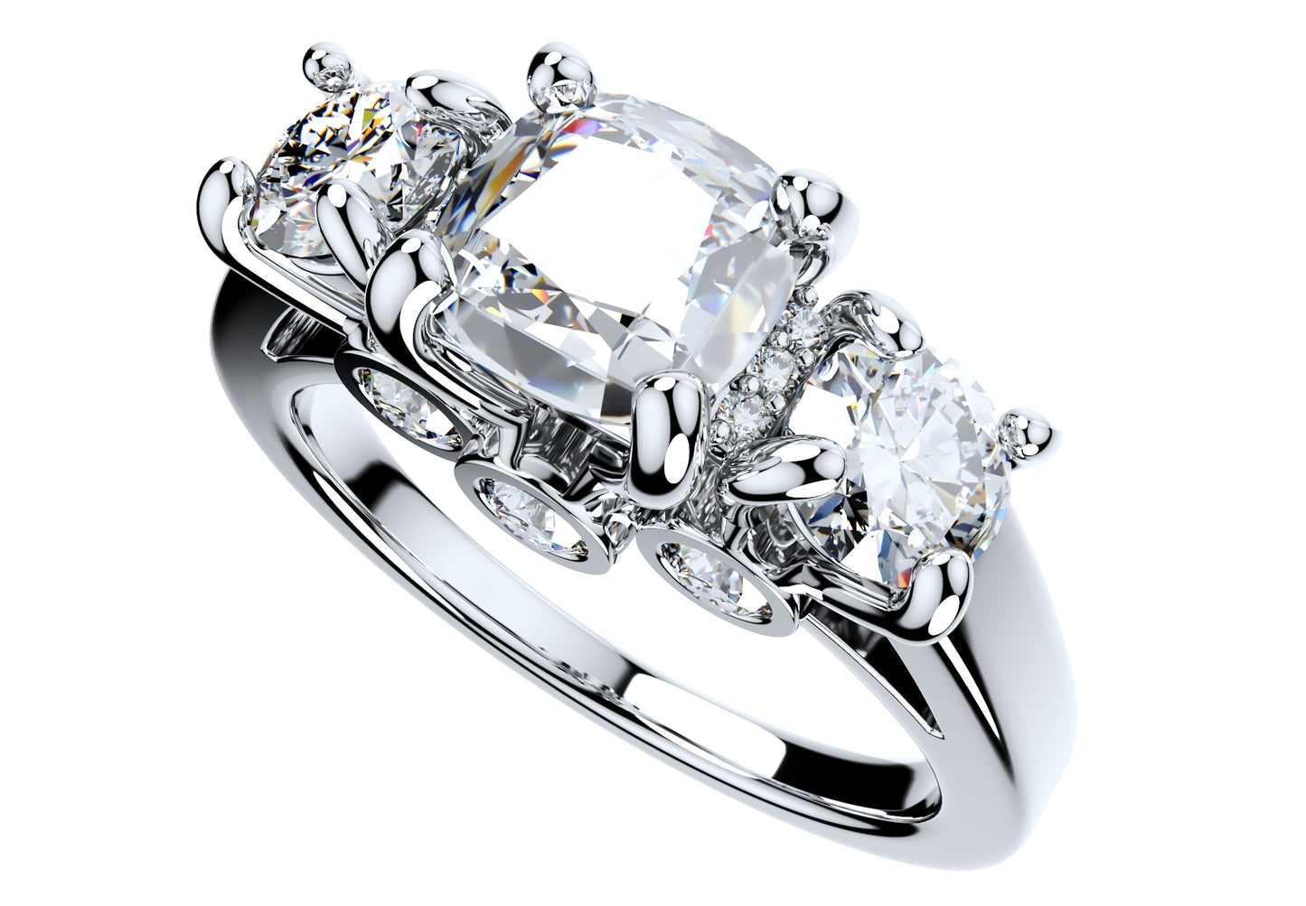 Cushion Side Round Diamonds Trilogy Ring Taper Shank-TCSRD-TP 3D Print Model