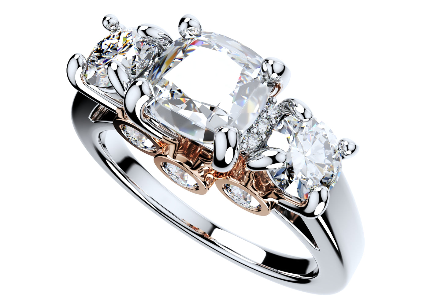 Cushion Side Round Diamonds Trilogy Ring Taper Shank-TCSRD-TP 3D Printed