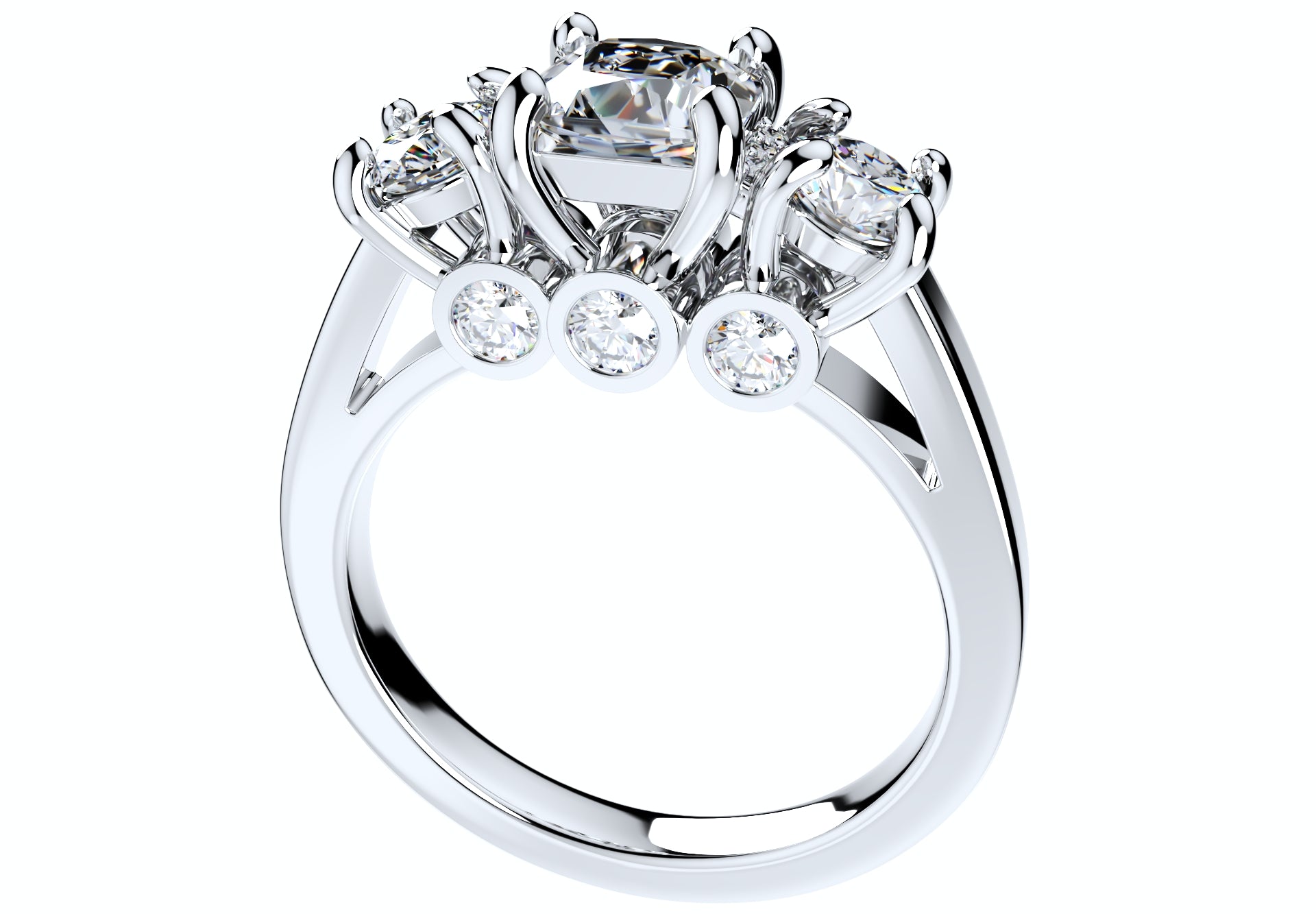 Cushion Side Round Diamonds Trilogy Engagement Ring - TCSRD-ST 3D Print Model