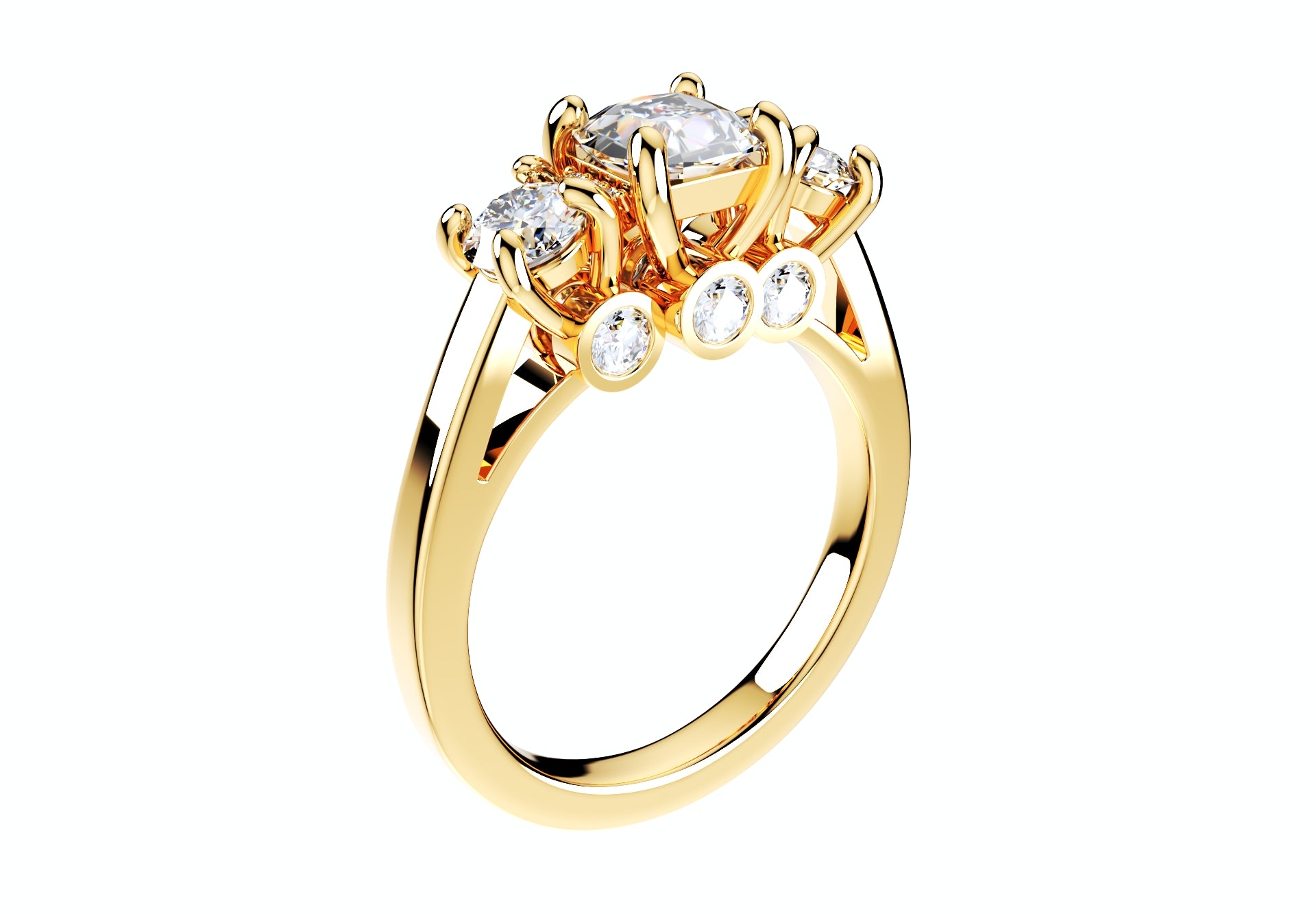 Cushion Side Round Diamonds Trilogy Engagement Ring - TCSRD-ST 3D Print Model