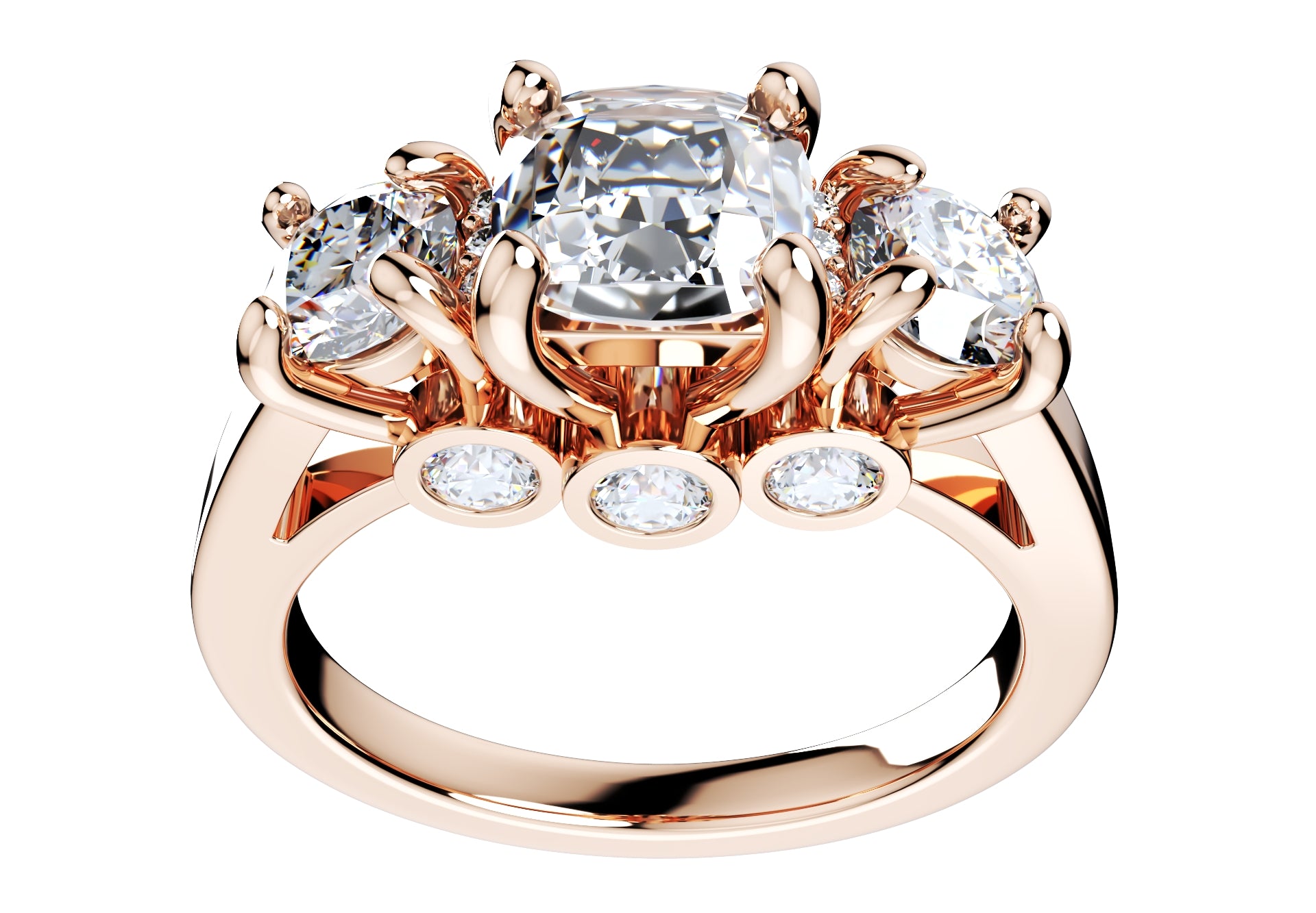 Cushion Side Round Diamonds Trilogy Engagement Ring - TCSRD-ST 3D Print Model