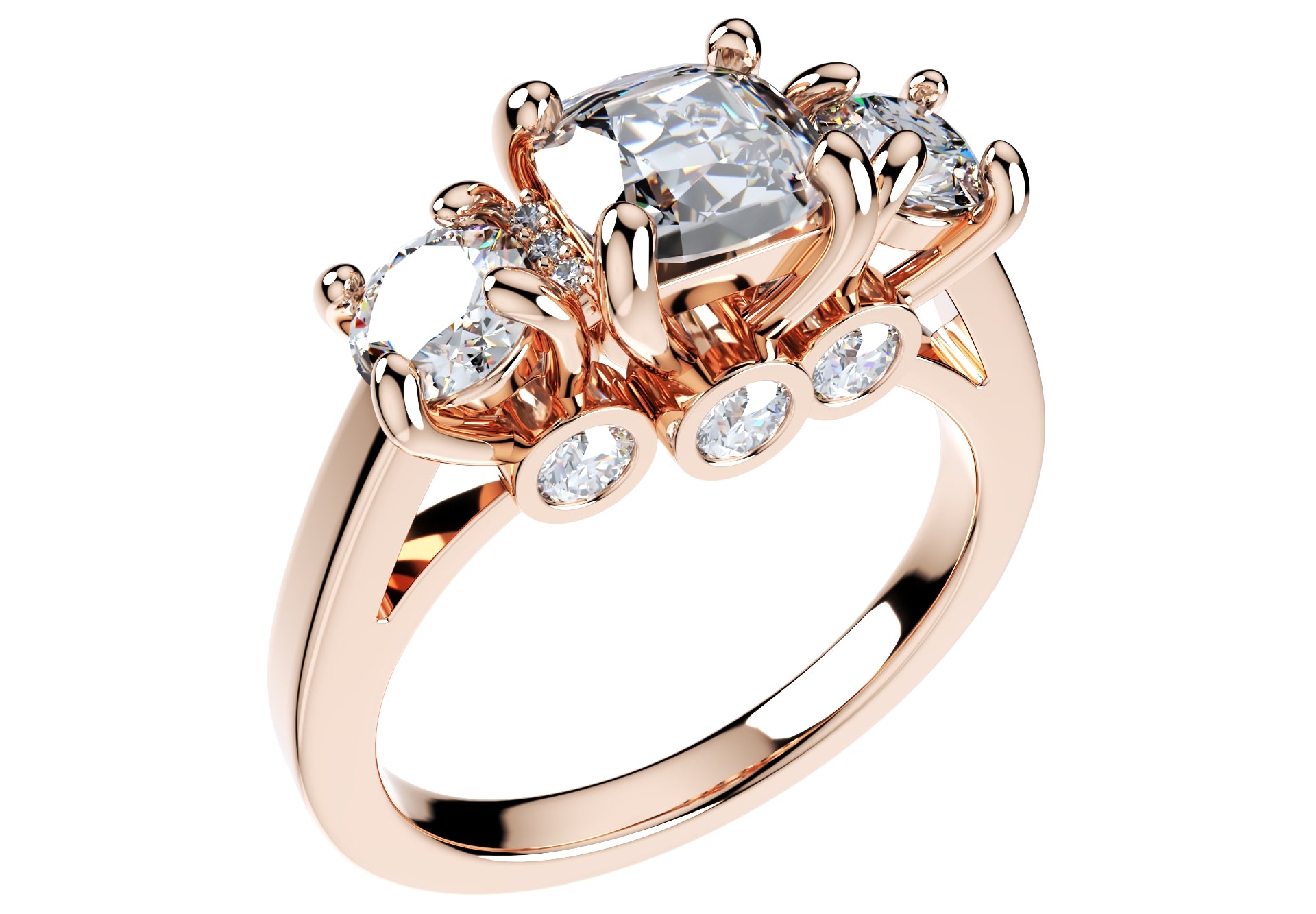 Cushion Side Round Diamonds Trilogy Engagement Ring - TCSRD-ST 3D Print Model