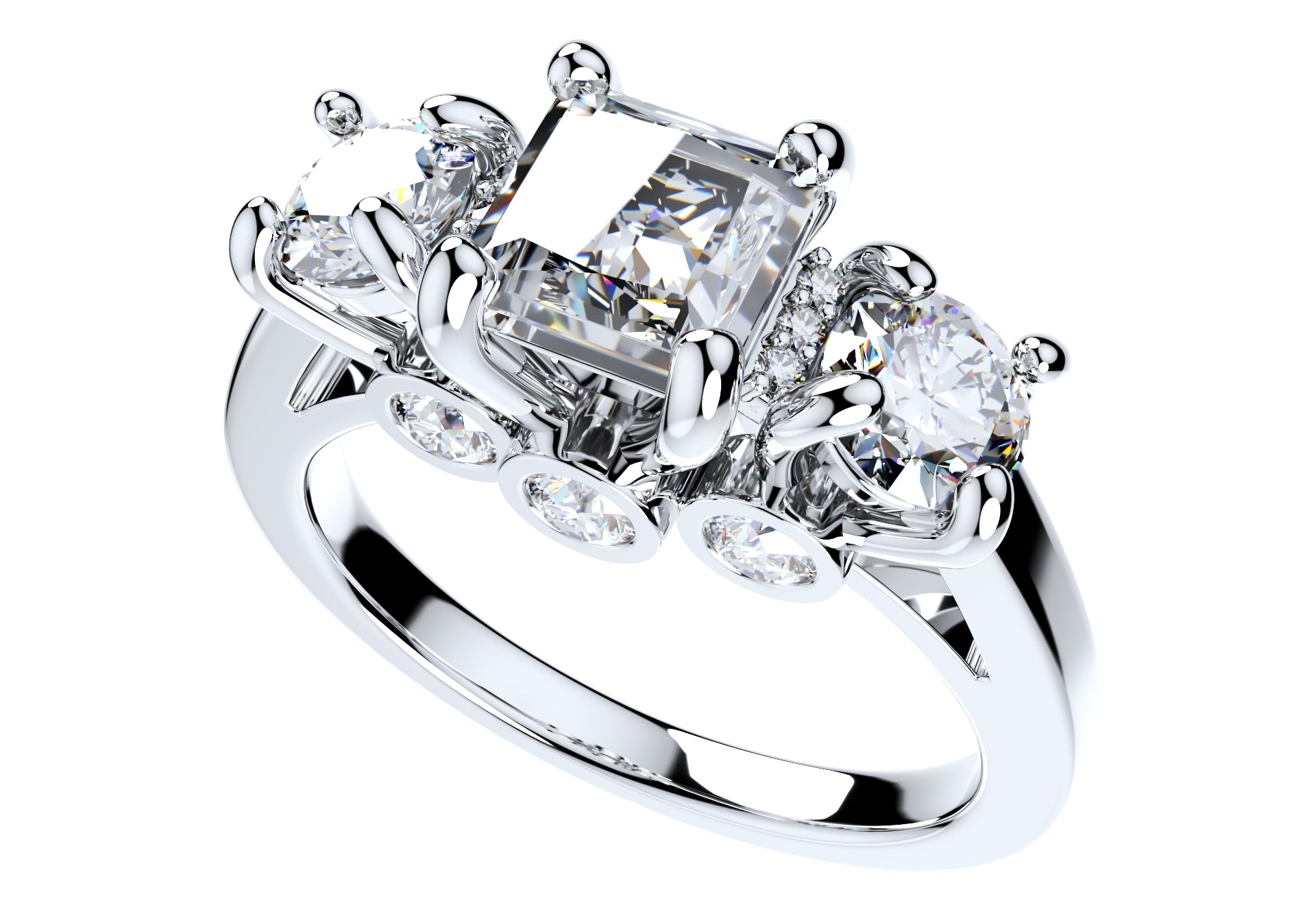 Princess Side Round Diamonds Trilogy Ring Straight Shank-TPSRD-ST 3D Print Model